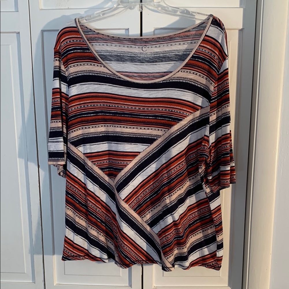 Cato Orange & Blue Striped 3/4 Sleeve Asymmetrical Top